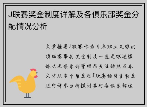 J联赛奖金制度详解及各俱乐部奖金分配情况分析