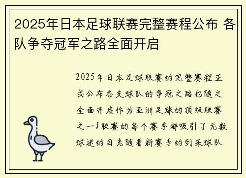 2025年日本足球联赛完整赛程公布 各队争夺冠军之路全面开启