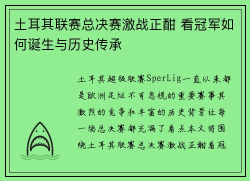 土耳其联赛总决赛激战正酣 看冠军如何诞生与历史传承