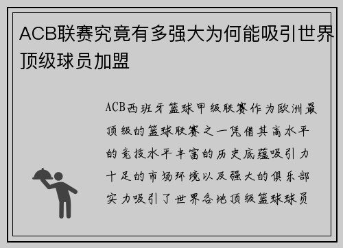 ACB联赛究竟有多强大为何能吸引世界顶级球员加盟