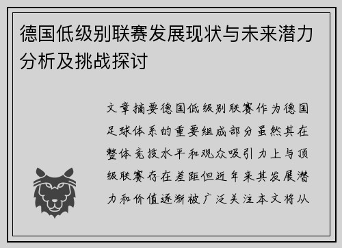 德国低级别联赛发展现状与未来潜力分析及挑战探讨