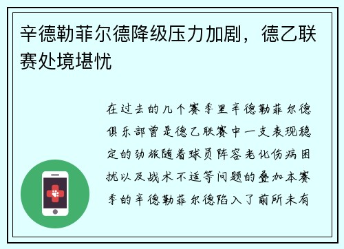 辛德勒菲尔德降级压力加剧，德乙联赛处境堪忧